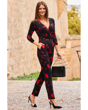 Red Floral Print Tapered Leg Jumpsuit