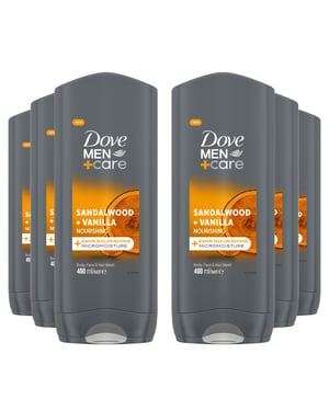 Dove Men+Care 3 in 1 Body, Face & Hair Wash Sandalwood + Vanilla 400ml, 6 Pack