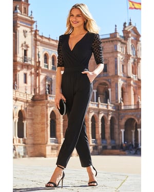 Black Organza Spot Sleeve Wrap Front Jumpsuit