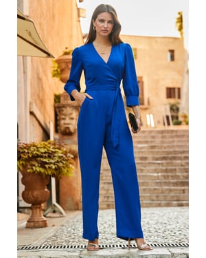 Cobalt Blue Tailored Wrap Front Tie Waist Jumpsuit