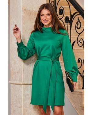Jade Green High Neck Belted Shift Jersey Dress
