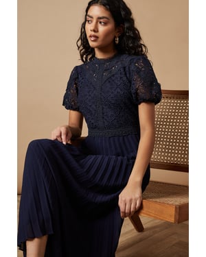 Petite Lace Puff Sleeve Pleated Midi Dress