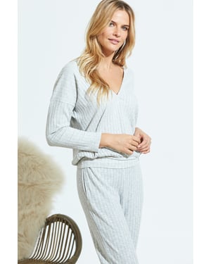 Light Grey Knitted Rib Wrap Front Loungewear Top