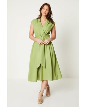 Linen Blend Belted Midi Dress