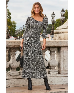 Black Abstract Print Asymmetric Neckline Jersey Midi Dress