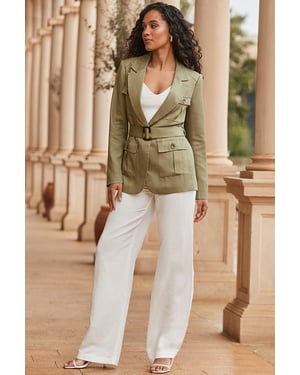Khaki Green Linen Blend Belted Utility Blazer