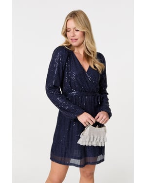 Navy Sparkly Sequin Long Sleeve Mini Wrap Dress