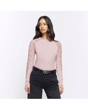 River Island Womens Top Pink Rib Lace Long Sleeve