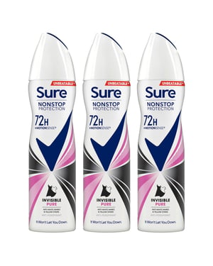 Sure Women Anti-Perspirant 72H Nonstop Protection Deo Invisible Pure 150ml, 3pk
