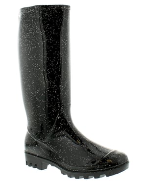 Womens/Ladies Black Long Leg Pvc Wellingtons With A Glitter Finish.