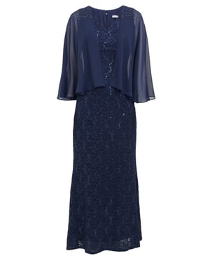 Jayden Long Fit And Flare V-Neck Dress With Illusion Capelet