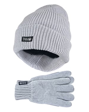 Ladies Thinsulate Hat and Gloves Set | THMO | Soft Chenille Ribbed Beanie Hat & Gloves for Women - Grey