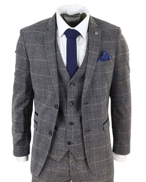 Heren 3-delig grijs met blauw geruit vintage klassiek pak
