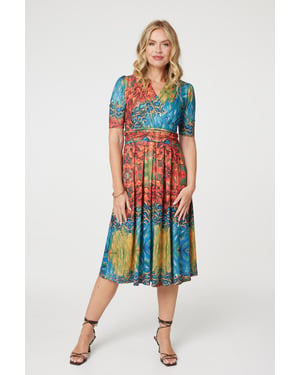 Blue Printed Ruched Waist Faux Wrap Midi Dress