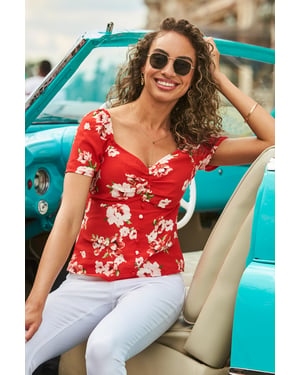 Red Floral Print Button Front Top