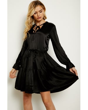 Black Drawstring Waist Tunic Dress