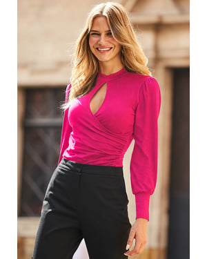 Hot Pink Keyhole Detail Wrap Front Jersey Top