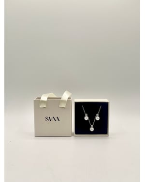 Large Pearl Diamante Earrings & Necklace Set in Silver