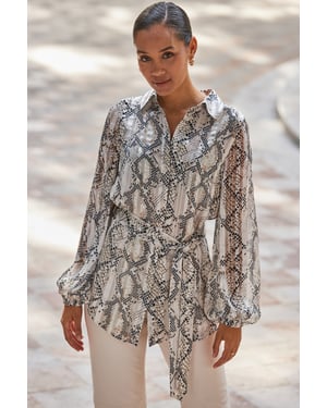 Snake Print Relaxed Fit Belted Longline Shirt