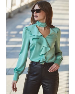 Pale Green Satin Ruffle Detail Blouse