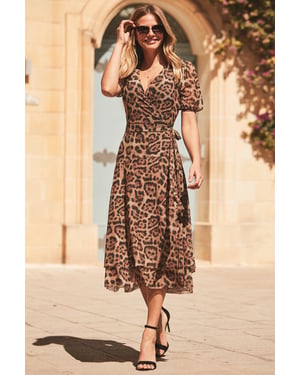 Leopard Print Mesh Wrap Jersey Dress