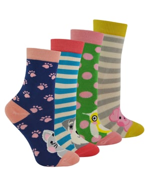 Miss Sparrow - 4 Pack Girls Bamboo Socks | Kids Novelty Animal Pattern Socks in a Gift Box - Assorted