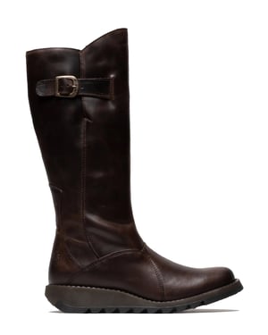 Fly London Dames Bruine MOL 2 Leren Wedge Heel Kniehoge Rits Laarzen