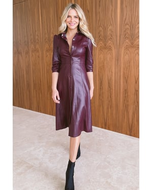 Burgundy Faux Leather Popper Front Shirt Dress