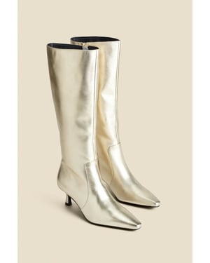 Gold Knee High Low Heel Boots