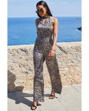Natural Animal Print Satin High Neck Keyhole Detail Jumpsuit