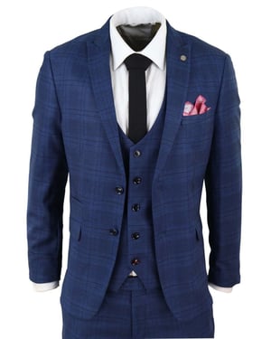 Heren 3-delig blauw birdseye geruit klassiek pak