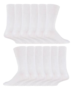 12 par Multipack Gentle Grip Top Diabetiska Strumpor | IOMI | Mid Calf Loose Top Non Elastic Bomullsstrumpor med handlänkad sömlös tå - Vit
