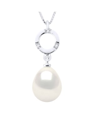 Halsketting Sieraden Diamant 0.01Cts Wit Goud en Echte Gecultiveerde Zoetwaterparel Peer 9-10 mm