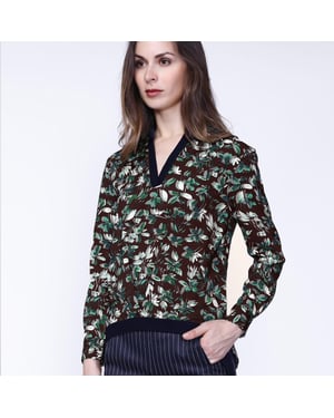 Satin Col-V Blouse en bladeren print