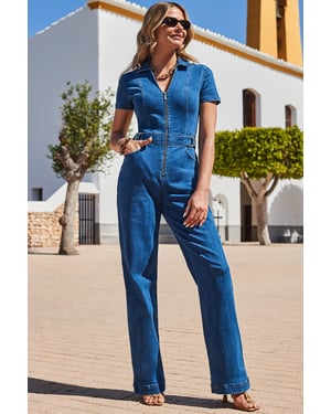 Indigo Blue Zip Front Wide Leg Denim Jumpsuit