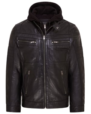 Mens Black Hooded Leather Biker Jacket - Stavern
