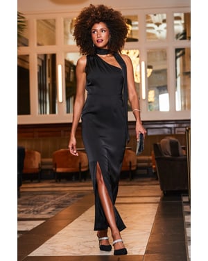 Black One Shoulder Tie Neck Satin Maxi Dress
