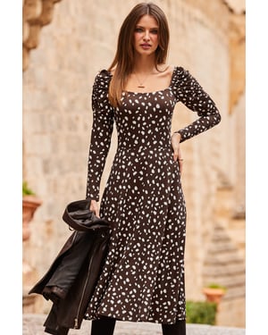 Chocolate Brown Fleck Print Square Neck Midi Dress