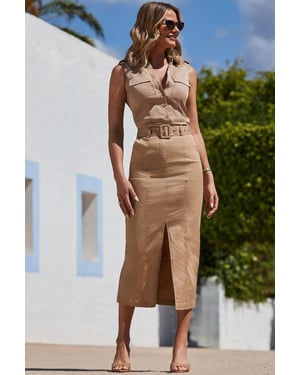 Camel Belted Midi Skirt