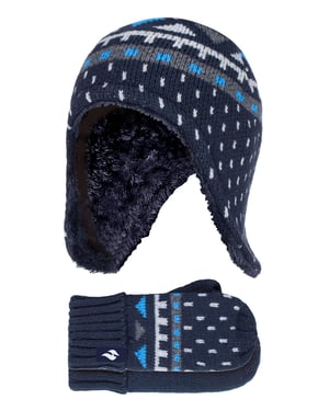 Heat Holders - Boys Outdoor Faux Fur Pom Pom Hat with Ear Flaps & Mittens Gloves - Navy