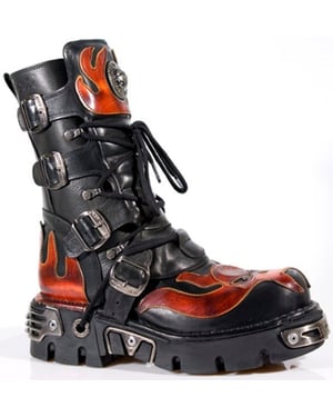 New Rock Flame Accented Black/Red Leather Biker Skull Boots- 107-S1