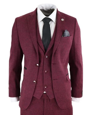 Heren 3-delig wijnvisgraatwol tweed retro pak
