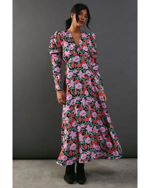 Floral Viscose V Neck Long Puff Sleeve Midi Dress