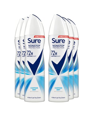 Sure Women Anti-Perspirant 72H Nonstop Protection Deo Cotton Dry 150ml, 6 Pack