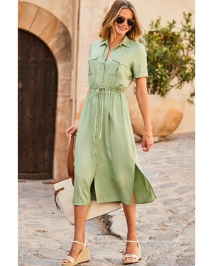 Sage Green Utility Midi Shirt Dress
