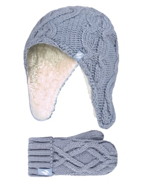Heat Holders - Girls Majestic Soft Cosy Cable Knitted Design Bobble Trapper Hat and Mittens Gloves Set - Dusty Blue