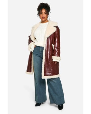 Plus Faux Leather Teddy Trim Longline Aviator Jacket