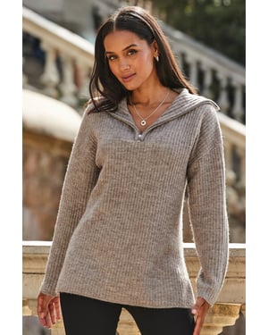 Natural Rib Knit Half Zip Longline Jumper