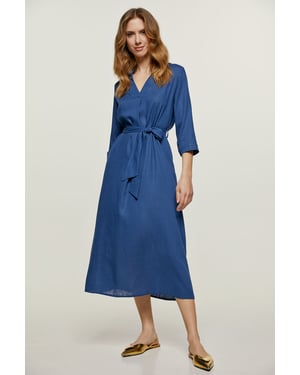 Blauwe Linnen Midi Jurk met Riem