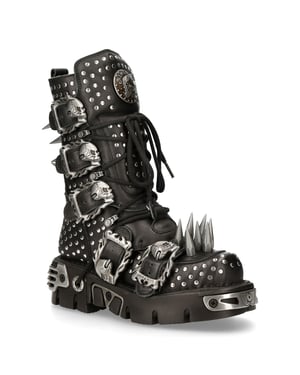 New Rock Black Leather Studded Gothic Boots-1535-S1